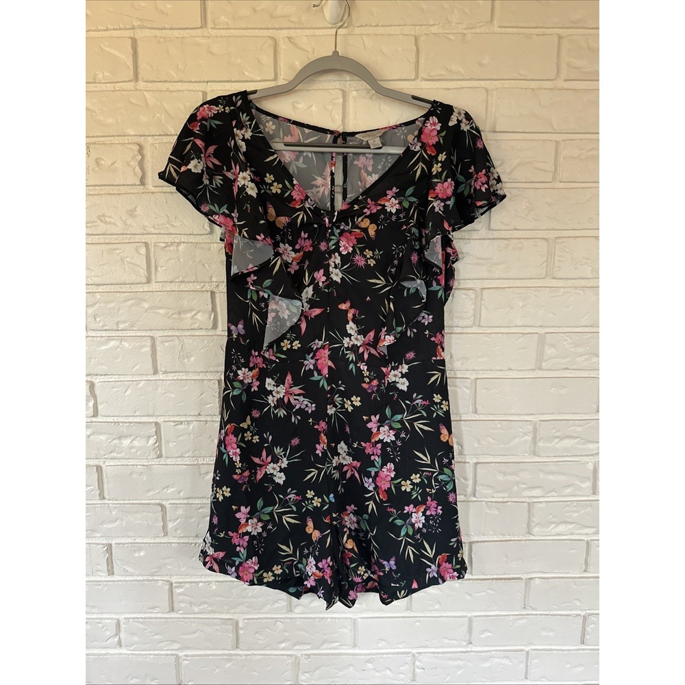 Belle Sky Women's Medium Flutter Cap Sleeves Black Floral Lined Short Romper